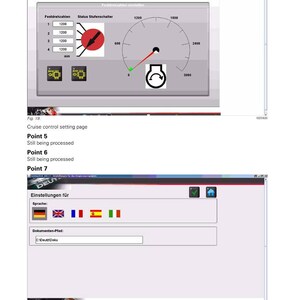 May include: Screenshot of a Deutz engine diagnostics program interface. The screen displays various settings, including a cruise control setting page with a dial and numerical readouts. Language selection options are also visible.