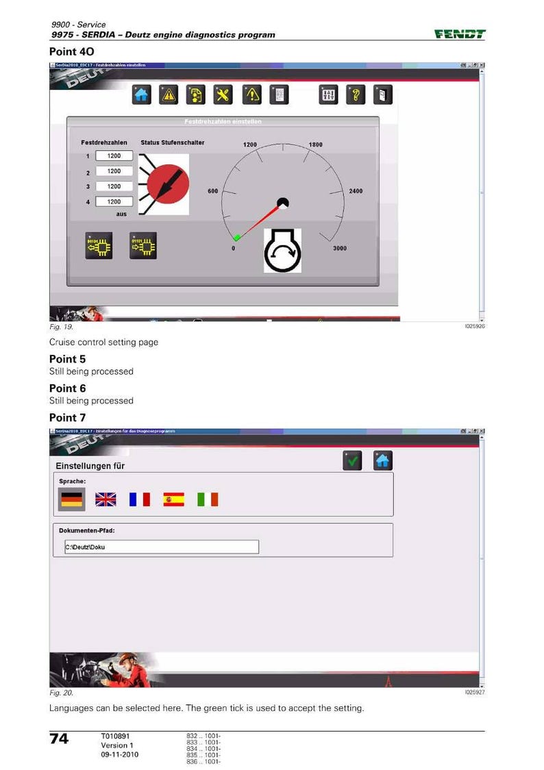 May include: Screenshot of a Deutz engine diagnostics program interface. The screen displays various settings, including a cruise control setting page with a dial and numerical readouts. Language selection options are also visible.