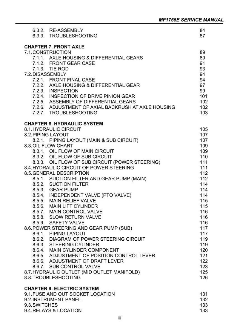 May include: A page from the MF1755E Service Manual, featuring a table of contents. The document lists chapters on the front axle, hydraulic system, and electric system, with page numbers for each section.
