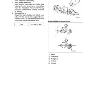 Puede incluir: Diagrama de un cig&uuml;e&ntilde;al de motor con ilustraciones para inspecci&oacute;n y medici&oacute;n. Incluye una comprobaci&oacute;n de color y medici&oacute;n de flexi&oacute;n utilizando un comparador y bloques en V. El texto incluye l&iacute;mites de flexi&oacute;n.
