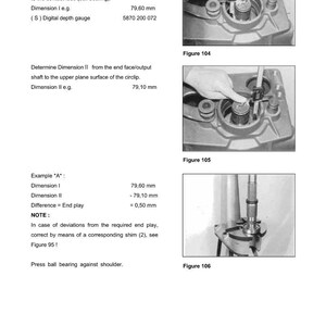 May include: Technical diagram with measurements in millimeters, illustrating the cheek end play of an output shaft bearing. Includes figures 104, 105, and 106, with text detailing dimensions and procedures for a transmission and torque converter.