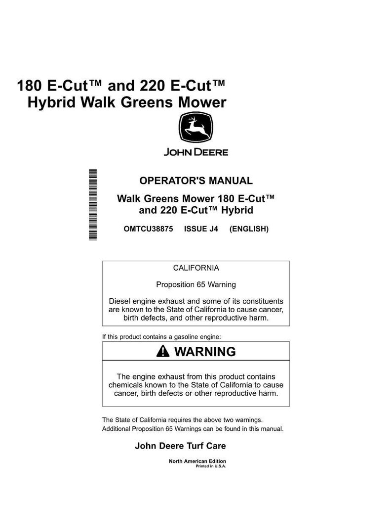 May include: A white operator's manual for the John Deere 180 E-Cut and 220 E-Cut Hybrid Walk Greens Mower. The manual includes a warning about diesel engine exhaust and gasoline engine exhaust.