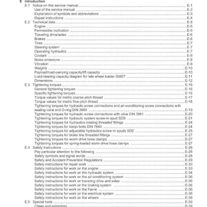 May include: A page from a Weidemann service manual, titled "Contents." The table of contents lists sections on introduction, technical data, tightening torques, safety instructions, and special tools. The document is printed in black text on a white background.