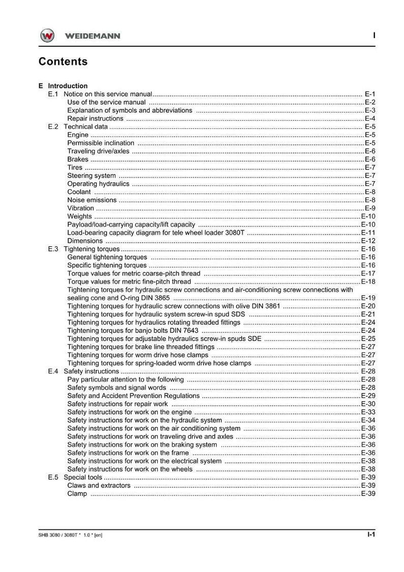 May include: A page from a Weidemann service manual, titled "Contents." The table of contents lists sections on introduction, technical data, tightening torques, safety instructions, and special tools. The document is printed in black text on a white background.
