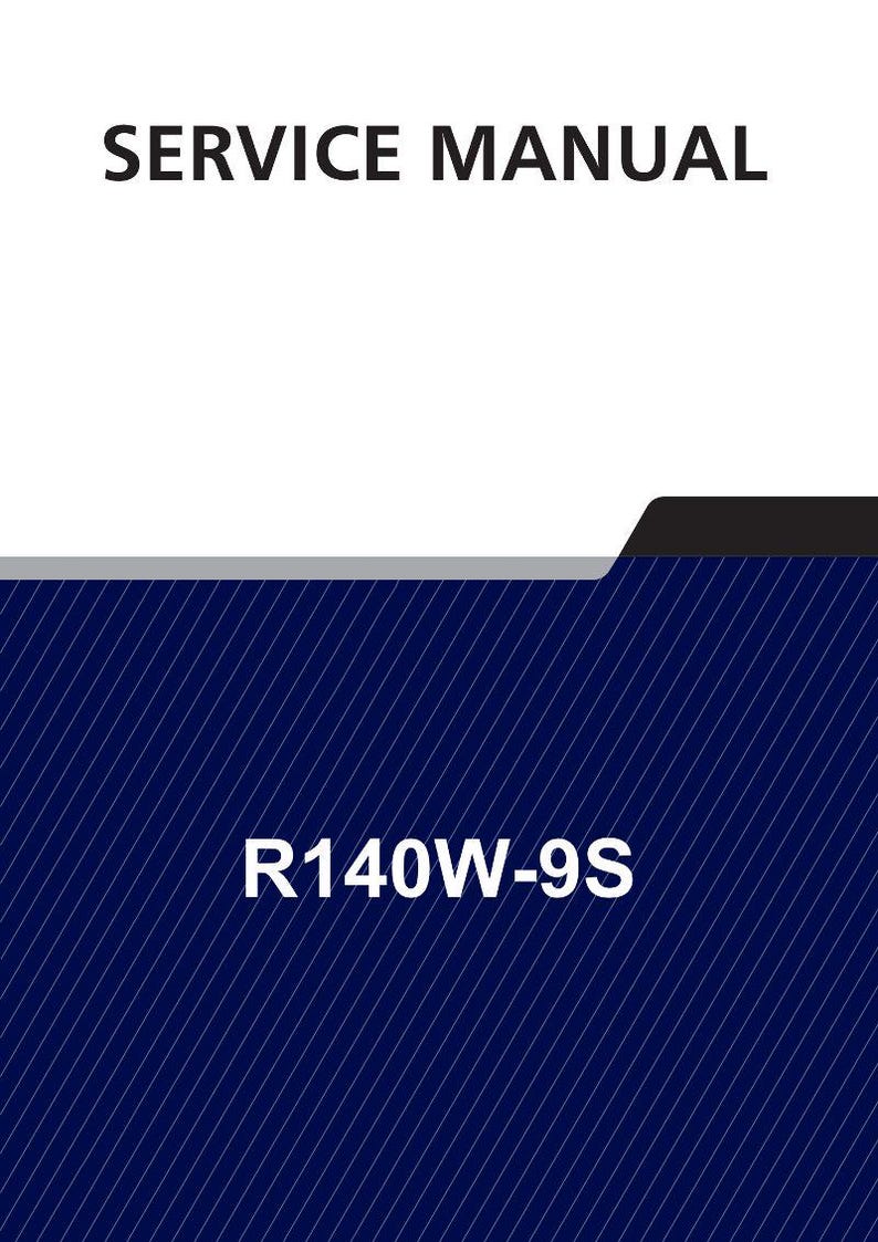 Puede incluir: Un manual de servicio con el texto "SERVICE MANUAL" en negro en la parte superior. Debajo, un fondo azul oscuro con l&iacute;neas diagonales blancas y el texto "R140W-9S" en blanco.