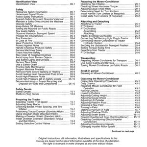 May include: A page from a manual titled "Contents" with a table of contents. The table lists safety information, operating procedures, and other topics related to machinery operation. The manual is from 2020.