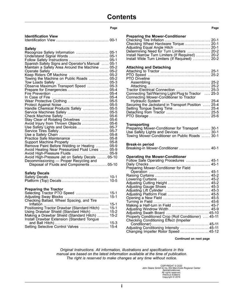 May include: A page from a manual titled "Contents" with a table of contents. The table lists safety information, operating procedures, and other topics related to machinery operation. The manual is from 2020.