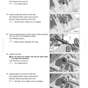 May include: Illustrated instructions for removing and installing a ripper assembly. Includes diagrams and steps for installing pins, plates, and bolts. Measurements are in metric units. Text includes warnings about finger placement.