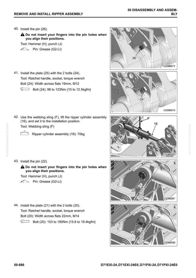 May include: Illustrated instructions for removing and installing a ripper assembly. Includes diagrams and steps for installing pins, plates, and bolts. Measurements are in metric units. Text includes warnings about finger placement.