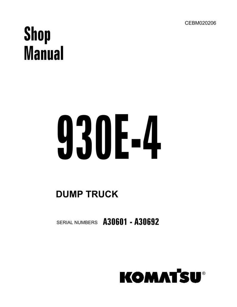 May include: A white shop manual cover with black text. The title "Shop Manual" is at the top, with "930E-4" in large bold font below. The words "DUMP TRUCK" are under the numbers, and the Komatsu logo is at the bottom.