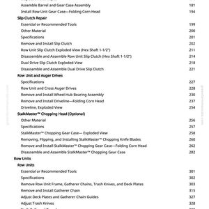 K&ouml;nnte beinhalten: Eine Seite aus einem Handbuch mit einem Inhaltsverzeichnis. Der Text enth&auml;lt Begriffe wie "Row Unit", "Slip Clutch Repair" und "StalkMaster Chopping Head". Die Seitenzahl ist 4.