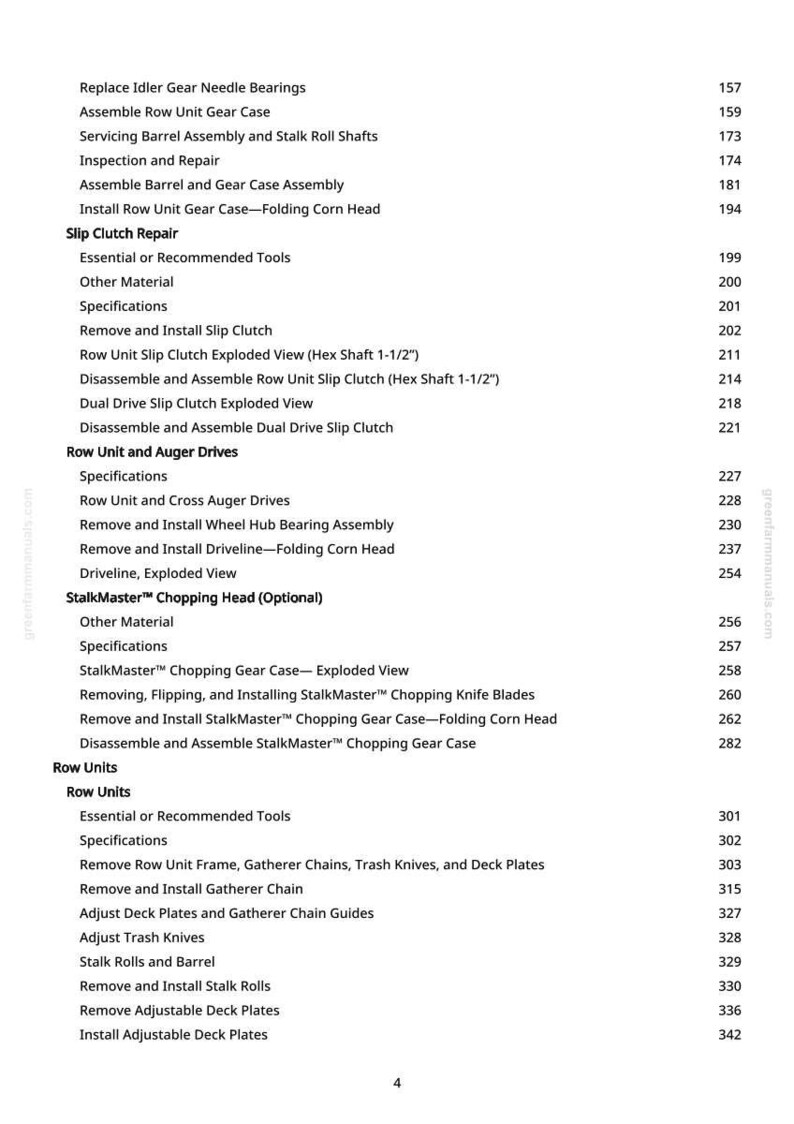 K&ouml;nnte beinhalten: Eine Seite aus einem Handbuch mit einem Inhaltsverzeichnis. Der Text enth&auml;lt Begriffe wie "Row Unit", "Slip Clutch Repair" und "StalkMaster Chopping Head". Die Seitenzahl ist 4.