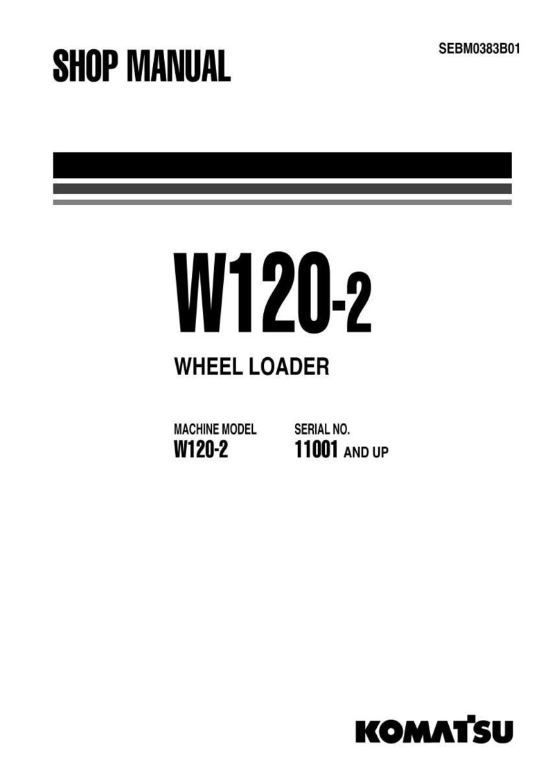 Pode incluir: Um manual de oficina com o t&iacute;tulo "SHOP MANUAL" no topo. O texto principal diz "W120-2 WHEEL LOADER". Abaixo, indica "MACHINE MODEL W120-2" e "SERIAL NO. 11001 AND UP". O logotipo da Komatsu est&aacute; na parte inferior.