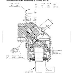 May include: Diagram of a swing motor disassembly and assembly. The image includes detailed technical drawings with labels and measurements in millimeters. Text includes "DISASSEMBLY AND ASSEMBLY OF SWING MOTOR", "Backlash 0.05-0.25 mm", and "Play 0.0-0.1 mm".