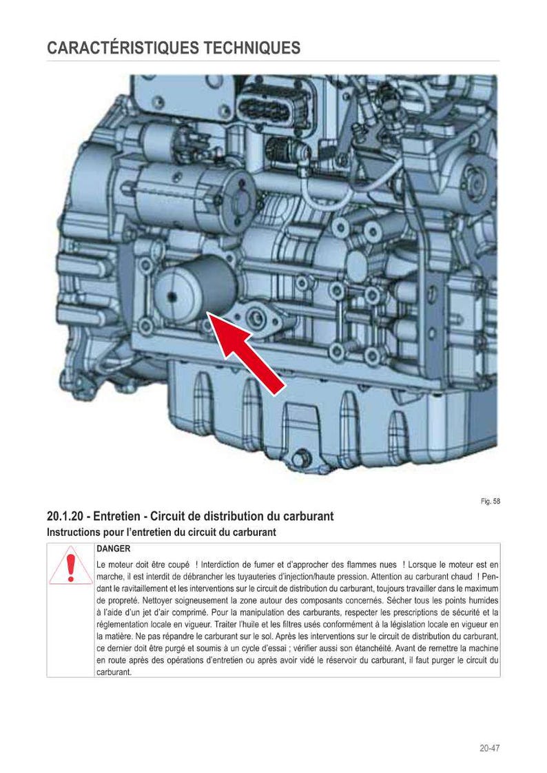 Może przedstawiać: Szczeg&oacute;łowy schemat obwodu dystrybucji paliwa silnika, ze strzałką wskazującą na konkretny element. Obraz zawiera instrukcje techniczne i ostrzeżenia dotyczące bezpieczeństwa.