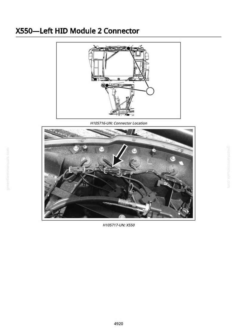 May include: Diagram of the X550-Left HID Module 2 Connector, with a detailed illustration of the connector location. The image includes a close-up of the connector and surrounding components, with labels for identification.