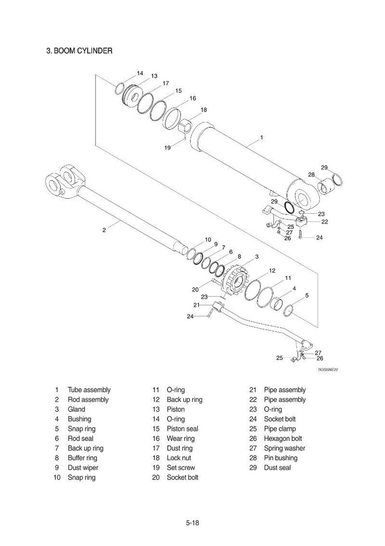 May include: An exploded diagram of a boom cylinder, labeled with part names. The diagram includes a tube assembly, rod assembly, gland, bushing, snap ring, rod seal, and more. The text "3. BOOM CYLINDER" is at the top.