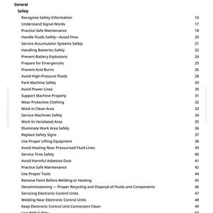 Puede incluir: Una p&aacute;gina blanca titulada "Tabla de Contenidos" de un manual. El texto enumera temas de seguridad como "Manejar fluidos de forma segura" y "Prevenir explosiones de bater&iacute;as". Los n&uacute;meros de p&aacute;gina se enumeran a la derecha.