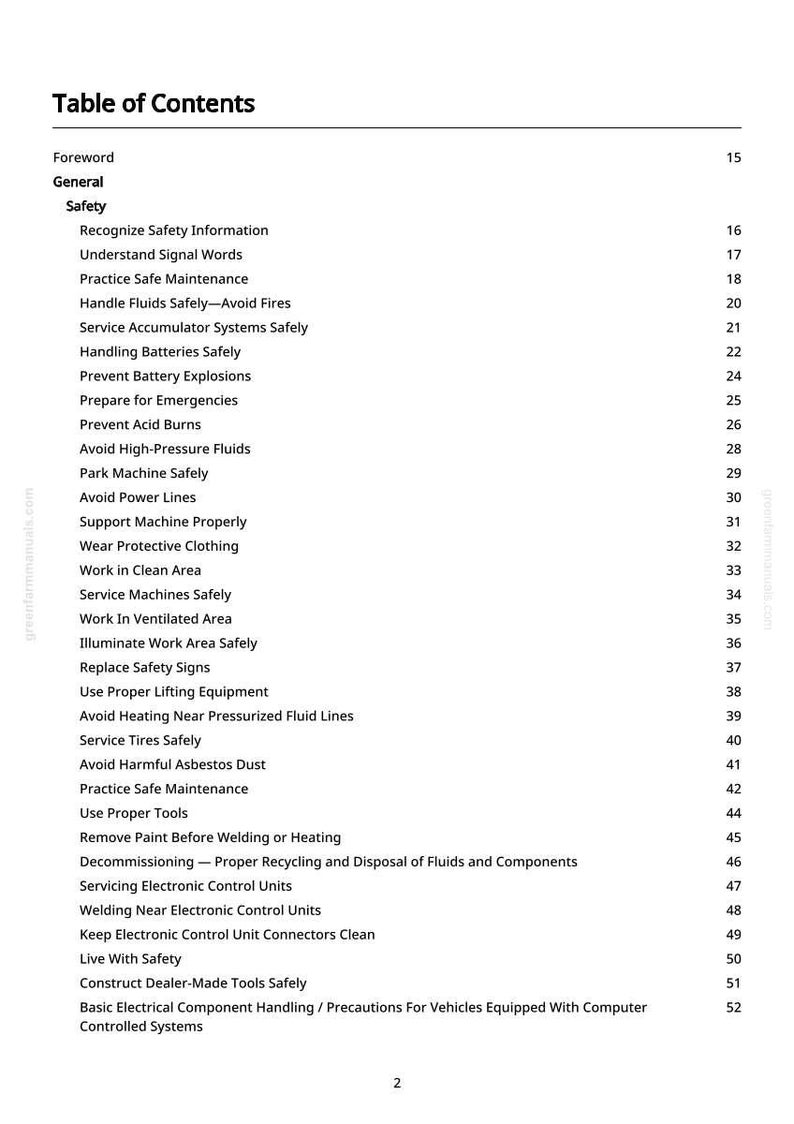 Puede incluir: Una p&aacute;gina blanca titulada "Tabla de Contenidos" de un manual. El texto enumera temas de seguridad como "Manejar fluidos de forma segura" y "Prevenir explosiones de bater&iacute;as". Los n&uacute;meros de p&aacute;gina se enumeran a la derecha.