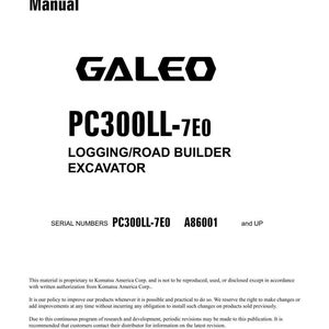 Pode incluir: Um manual de oficina branco com o t&iacute;tulo "Shop Manual" no topo. O manual apresenta o logotipo "GALEO" e o texto "PC300LL-7E0 LOGGING/ROAD BUILDER EXCAVATOR". Os n&uacute;meros de s&eacute;rie PC300LL-7E0 e A86001 tamb&eacute;m s&atilde;o vis&iacute;veis.