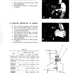 May include: A technical diagram from the EG series, featuring instructions for installing a coupling ring and connecting a generator to an engine. Includes a table with tightening torque specifications in kgm.