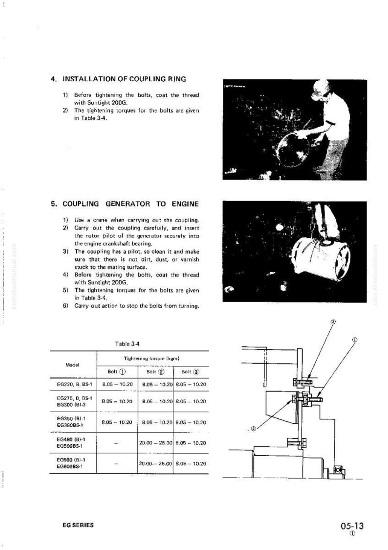 May include: A technical diagram from the EG series, featuring instructions for installing a coupling ring and connecting a generator to an engine. Includes a table with tightening torque specifications in kgm.
