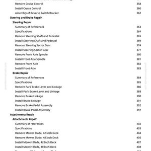May include: A page from a greenfarmmanuals.com manual, featuring a table of contents for a lawn mower repair guide. The text includes sections on transaxle, steering, brakes, and mower blade repair, with page numbers.