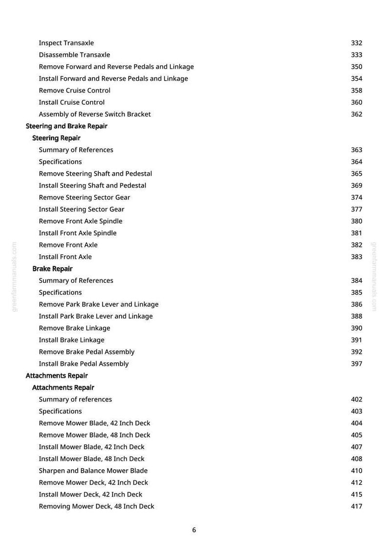 May include: A page from a greenfarmmanuals.com manual, featuring a table of contents for a lawn mower repair guide. The text includes sections on transaxle, steering, brakes, and mower blade repair, with page numbers.