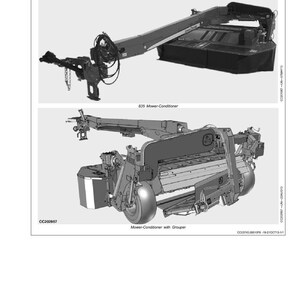 May include: Two detailed diagrams of agricultural machinery, including a mower-conditioner and a mower-conditioner with a grouper. The images are labeled with text, including "Identification Views" and model numbers. The machinery is shown in grayscale.