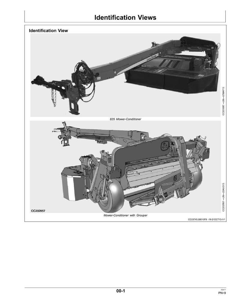May include: Two detailed diagrams of agricultural machinery, including a mower-conditioner and a mower-conditioner with a grouper. The images are labeled with text, including "Identification Views" and model numbers. The machinery is shown in grayscale.