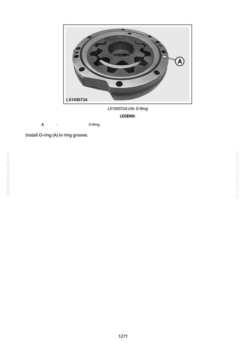 May include: Diagram of a mechanical component, showing a circular metal part with internal gear-like structures. The image includes the text "LX1050724-UN: O-Ring" and instructions for installing an O-ring.