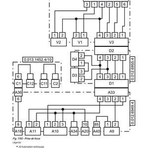 Op de afbeelding: Diagram van elektrische schema's met labels en numerieke waarden. Het diagram bevat verschillende componenten met de labels V1, V2, V3, V4, D1, D2, D3, C1, C2, C11, C12, A9, A10, A11, A18, A20, A33, A34 en A40. De tekst "SCH&Eacute;MAS &Eacute;LECTRIQUES" staat bovenaan.