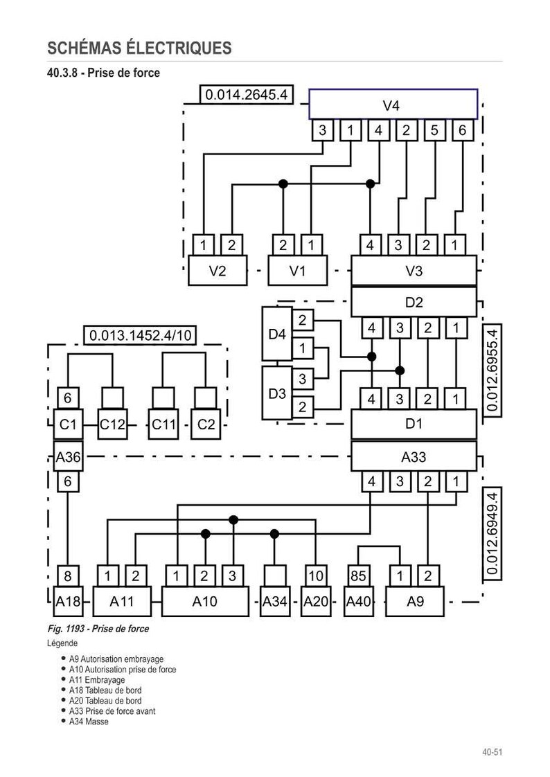 Op de afbeelding: Diagram van elektrische schema's met labels en numerieke waarden. Het diagram bevat verschillende componenten met de labels V1, V2, V3, V4, D1, D2, D3, C1, C2, C11, C12, A9, A10, A11, A18, A20, A33, A34 en A40. De tekst "SCH&Eacute;MAS &Eacute;LECTRIQUES" staat bovenaan.