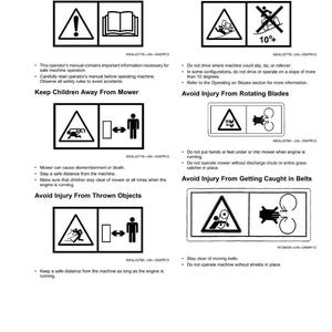 Op de afbeelding: Een pagina met veiligheidslabels met zwart-witte waarschuwingssymbolen en tekst. De labels waarschuwen voor gevaren zoals kantelen, draaiende messen en weggeworpen voorwerpen. Instructies omvatten het lezen van de handleiding en het weghouden van kinderen.