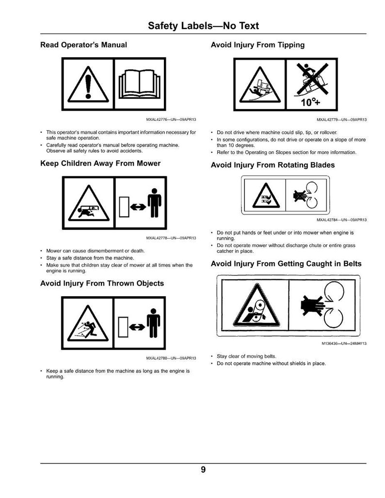 Op de afbeelding: Een pagina met veiligheidslabels met zwart-witte waarschuwingssymbolen en tekst. De labels waarschuwen voor gevaren zoals kantelen, draaiende messen en weggeworpen voorwerpen. Instructies omvatten het lezen van de handleiding en het weghouden van kinderen.