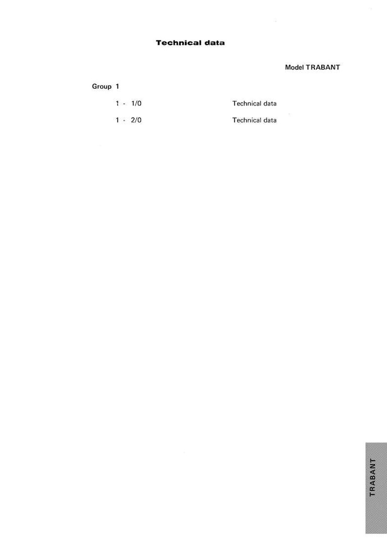 May include: A white page with the text "Technical data" at the top, and "Model TRABANT" to the right. Below, it lists "Group 1" followed by numbered items and the words "Technical data".