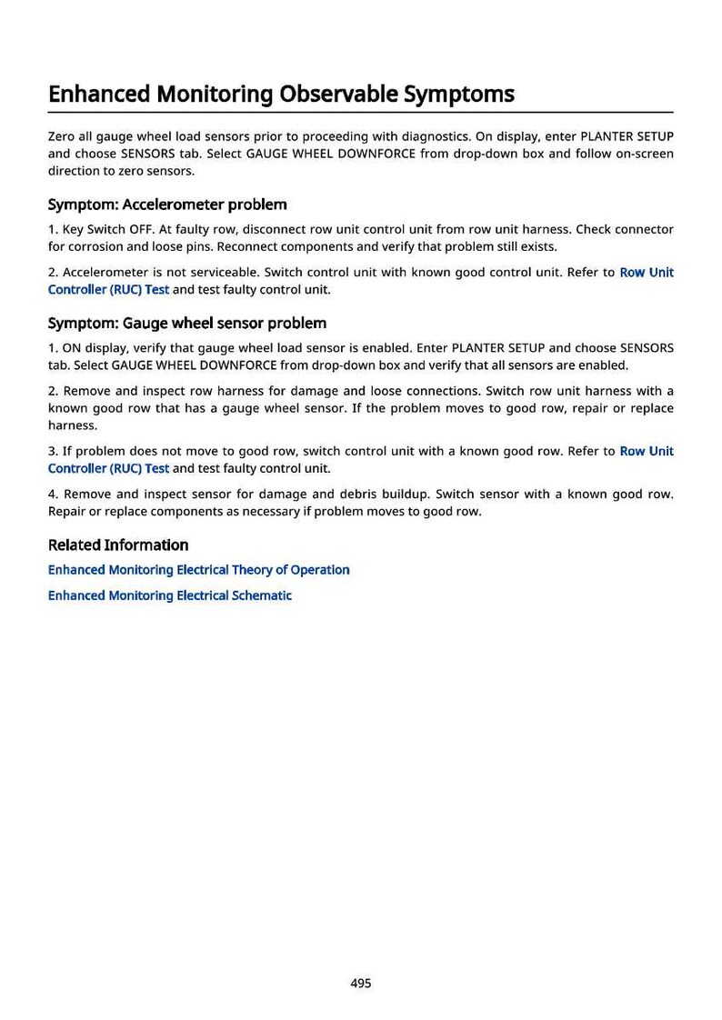 May include: A document titled "Enhanced Monitoring Observable Symptoms" with troubleshooting steps for accelerometer and gauge wheel sensor problems. Includes instructions for diagnostics and related information.