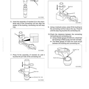 May include: Diagram of repair and replacement parts, including a connecting rod, bushing, and mandrel. Instructions detail the assembly process, with labels and arrows indicating each step. The image is from the 107E-1 Series.