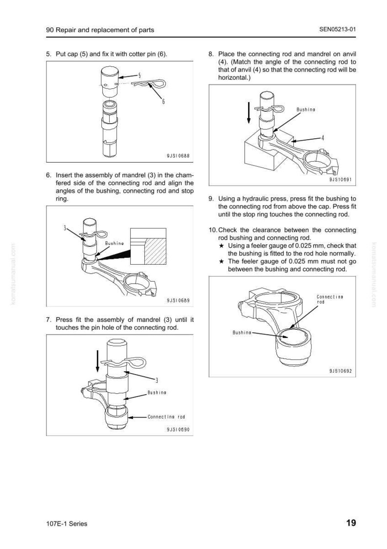 May include: Diagram of repair and replacement parts, including a connecting rod, bushing, and mandrel. Instructions detail the assembly process, with labels and arrows indicating each step. The image is from the 107E-1 Series.