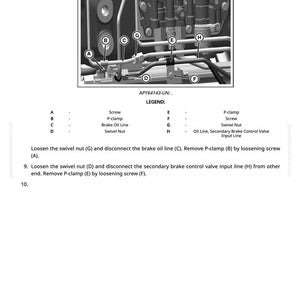 May include: A detailed diagram showing mechanical parts such as screws, clamps, and oil lines, labelled A to H. The text at the bottom provides instructions for loosening and disconnecting components. The image is in monochrome.