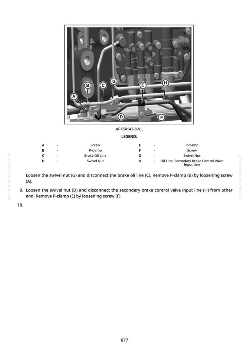 May include: A detailed diagram showing mechanical parts such as screws, clamps, and oil lines, labelled A to H. The text at the bottom provides instructions for loosening and disconnecting components. The image is in monochrome.