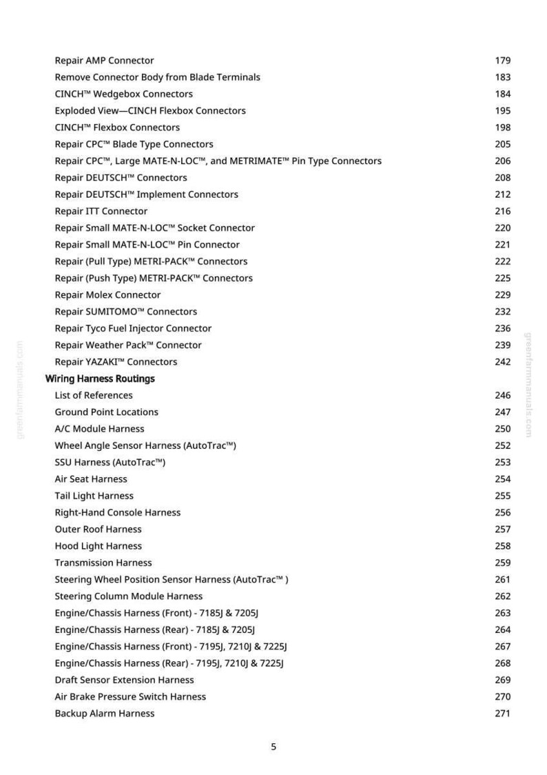 Op de afbeelding: Een pagina uit een handleiding met een lijst van automotive bedradingsharnas-routings en connectoren. De tekst bevat connectortypes zoals AMP, DEUTSCH en METRI-PACK, samen met paginanummers.
