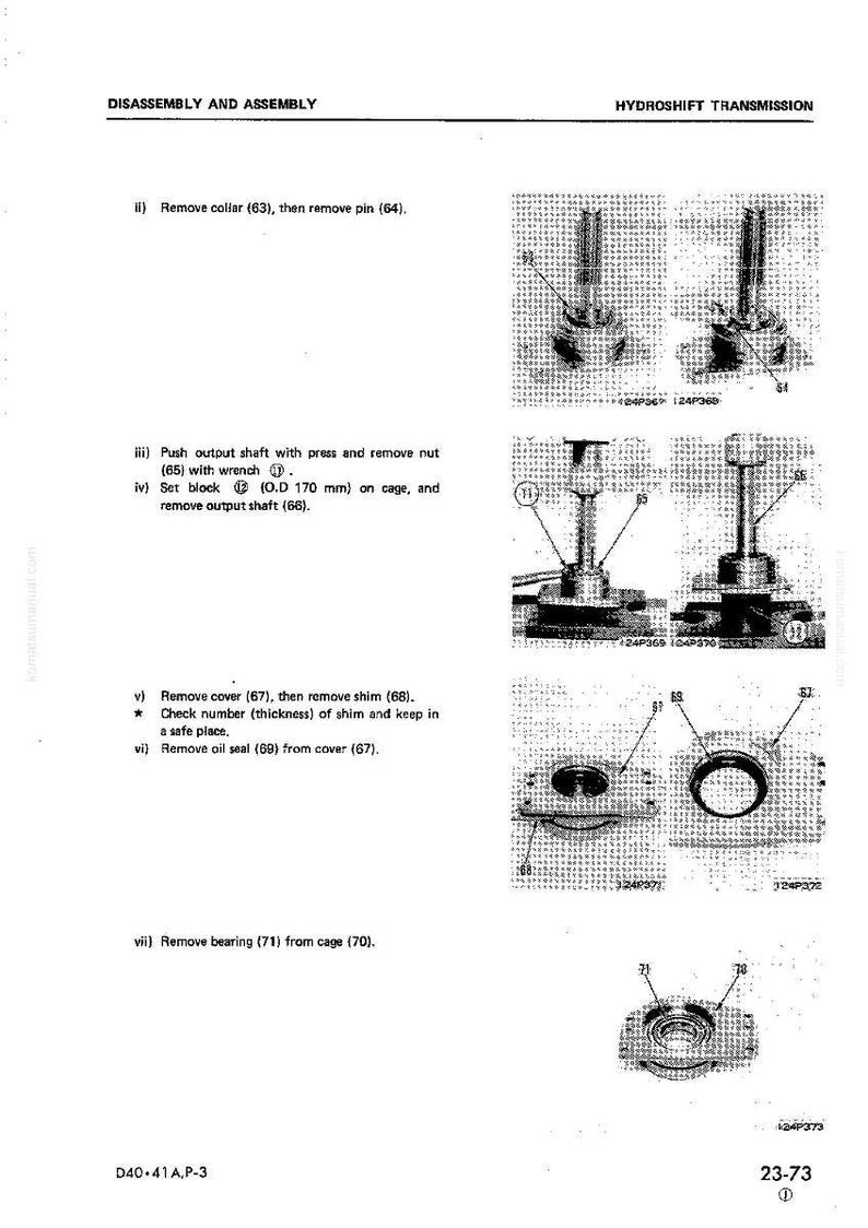 May include: A technical diagram from a manual detailing the disassembly and assembly of a Hydroshift transmission. The black and white image shows various components with labels and instructions, including removing collars, pins, and output shafts.