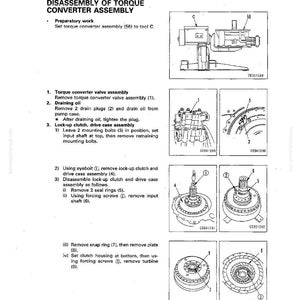 May include: A technical diagram showing the disassembly of a torque converter assembly. The black and white illustration includes multiple diagrams with numbered components and text instructions. The document is labelled "Disassembly of Torque Converter Assembly."
