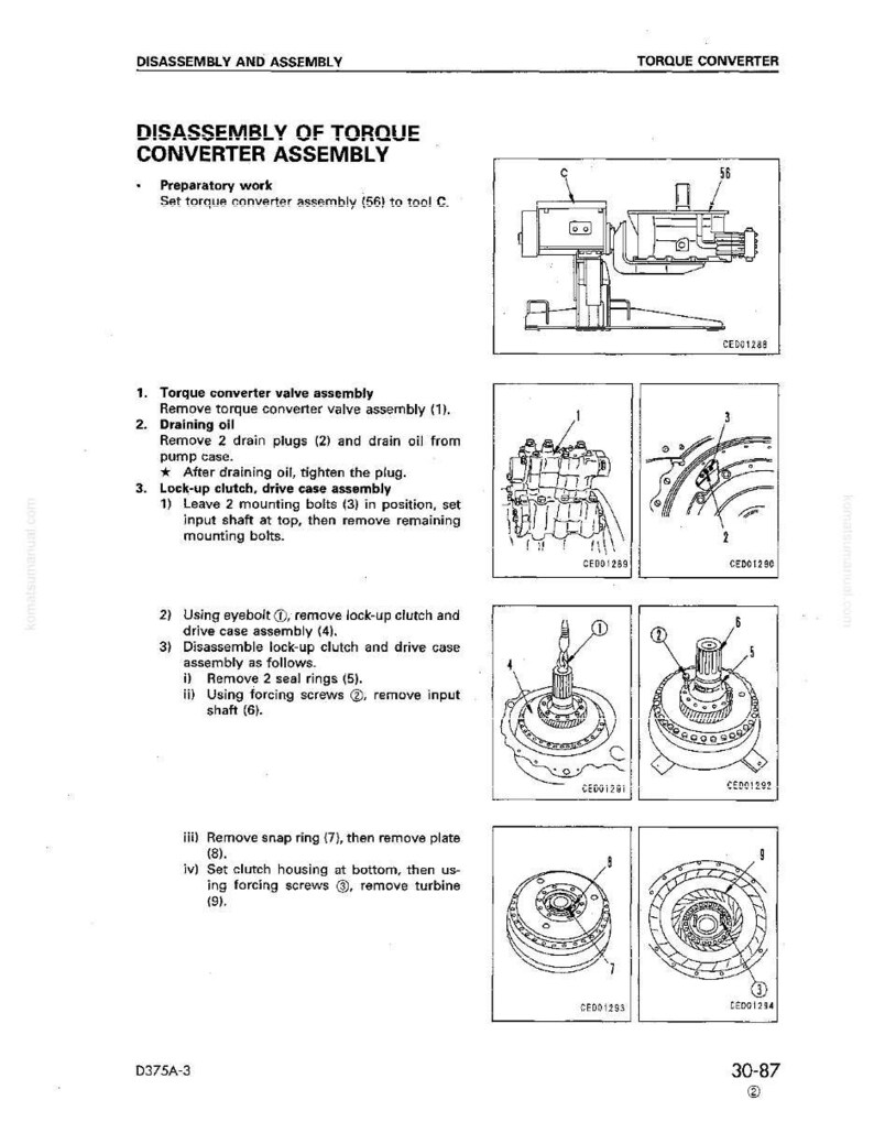 May include: A technical diagram showing the disassembly of a torque converter assembly. The black and white illustration includes multiple diagrams with numbered components and text instructions. The document is labelled "Disassembly of Torque Converter Assembly."
