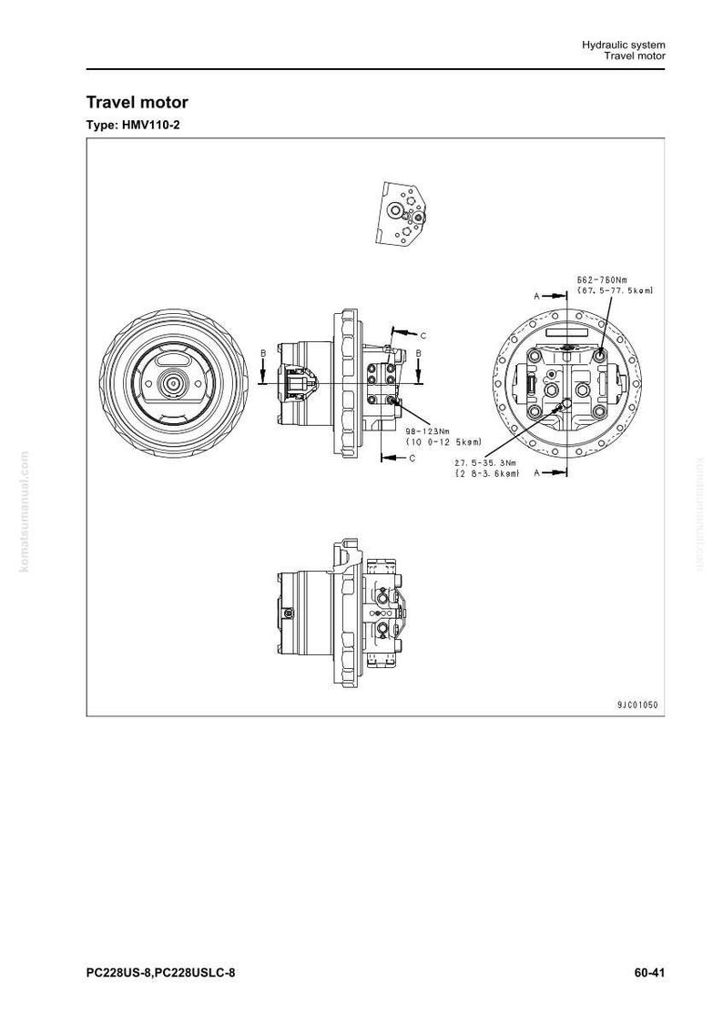 May include: Technical diagram of a travel motor, labeled "Travel motor" and "Type: HMV110-2." The diagram includes multiple views of the motor, with measurements in Nm and kgm. The image also includes the text "Hydraulic system" and "komatsumanual.com."