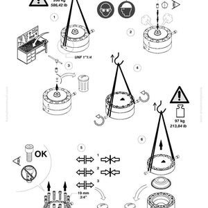 K&ouml;nnte beinhalten: Technische Zeichnung von Komatsu mit Montageanweisungen. Das Diagramm enth&auml;lt Illustrationen von mechanischen Komponenten, Sicherheitssymbolen und Messungen in metrischen Einheiten, wie z. B. 19 mm.