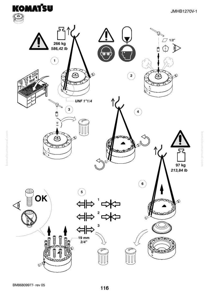 K&ouml;nnte beinhalten: Technische Zeichnung von Komatsu mit Montageanweisungen. Das Diagramm enth&auml;lt Illustrationen von mechanischen Komponenten, Sicherheitssymbolen und Messungen in metrischen Einheiten, wie z. B. 19 mm.