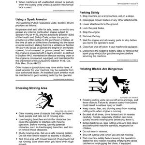 May include: A safety information sheet with text about mower operation. Includes warnings about headphones, spark arrestors, and safe parking. Also features instructions for checking the mowing area and avoiding hazards.