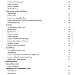 May include: A page from a manual with a table of contents. The text includes terms like "Check Knife Wear," "Remove Disks," and "Swath Wheels." The page number is visible in the right corner.